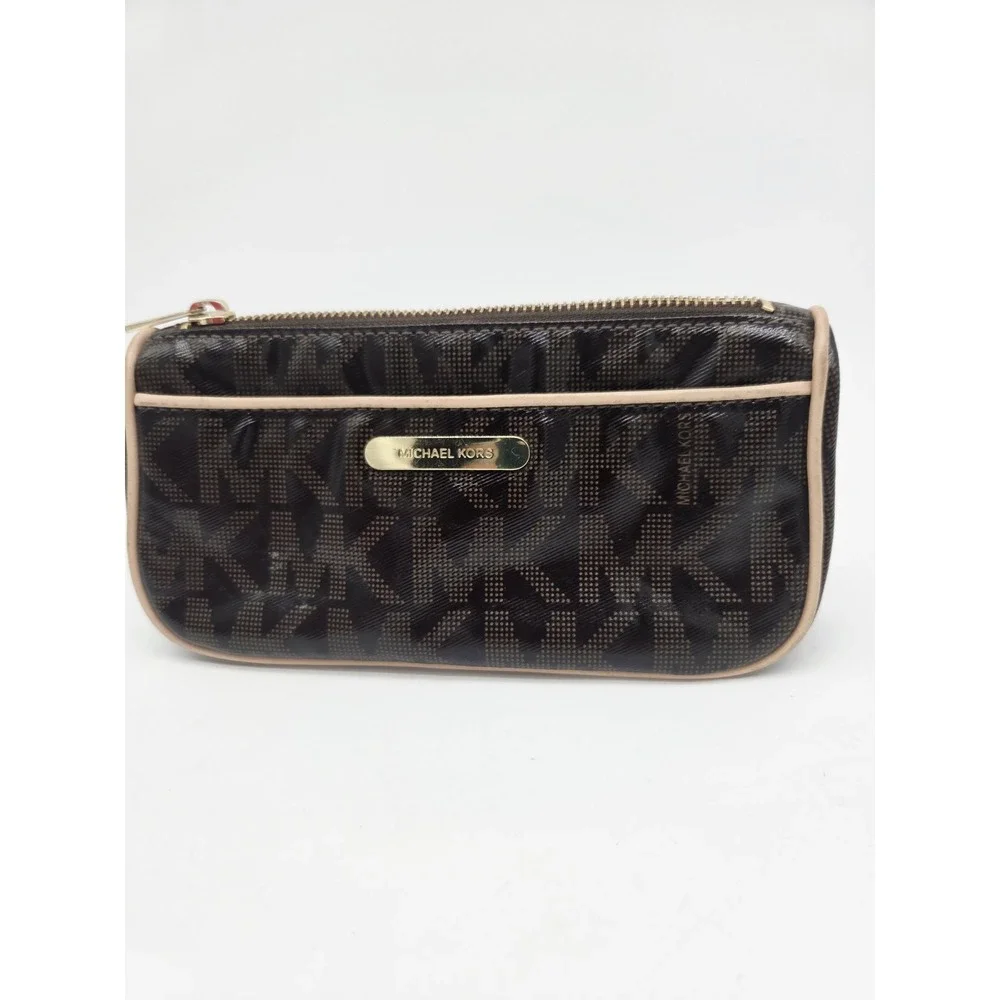 Michael Kors Glossy Brown Leather Makeup Bag Cosmetic Long Tan Monogram Logo